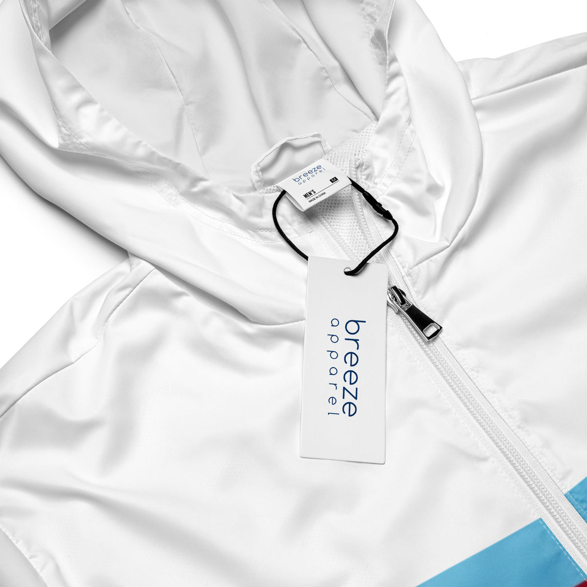 Collar area of jacket. Top area is white. Blue part of stripe is visible.