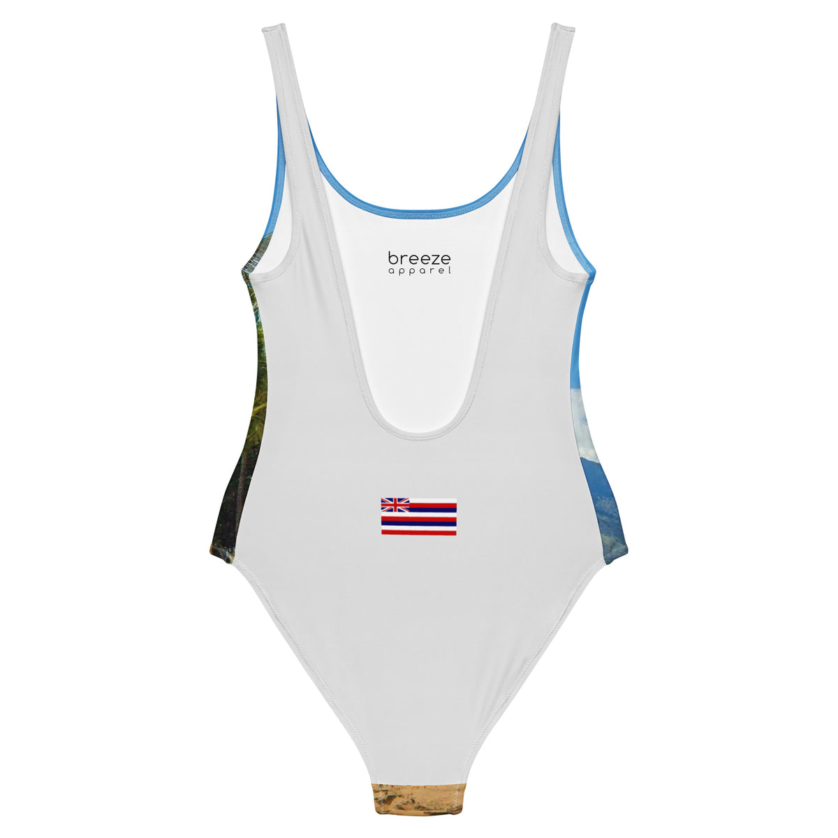 White, one-piece swimsuit with Hawaiian flag on lower back.