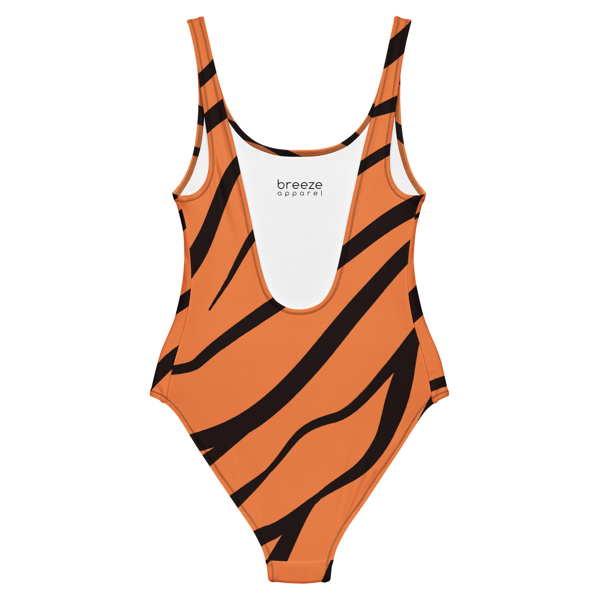 Back of a one-piece swimsuit with a tiger-skin pattern.