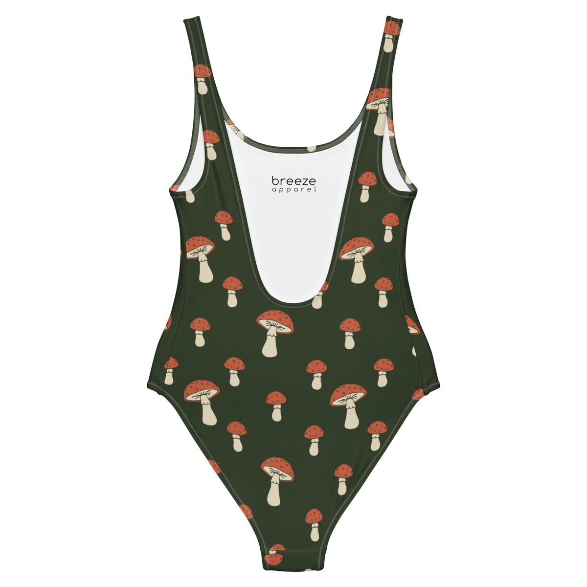 One-piece swimsuit with pattern of mushrooms set on green background.