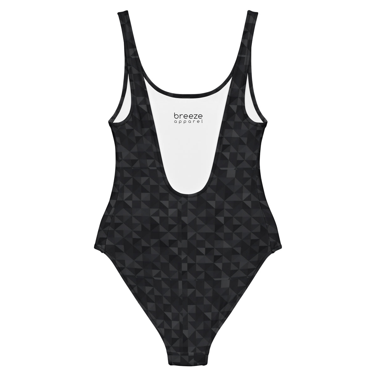 One-piece swimsuit with black geometric pattern.