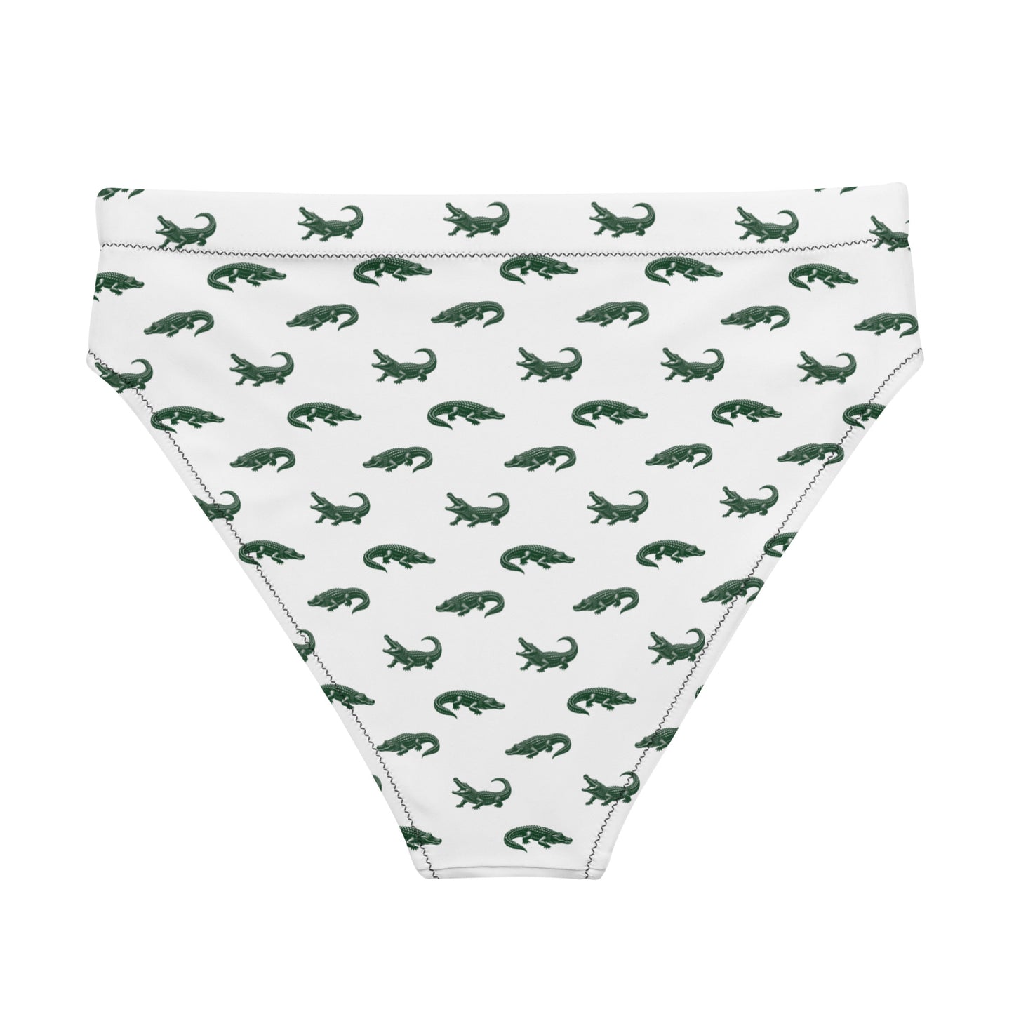 White bikini bottom with pattern of green alligators.