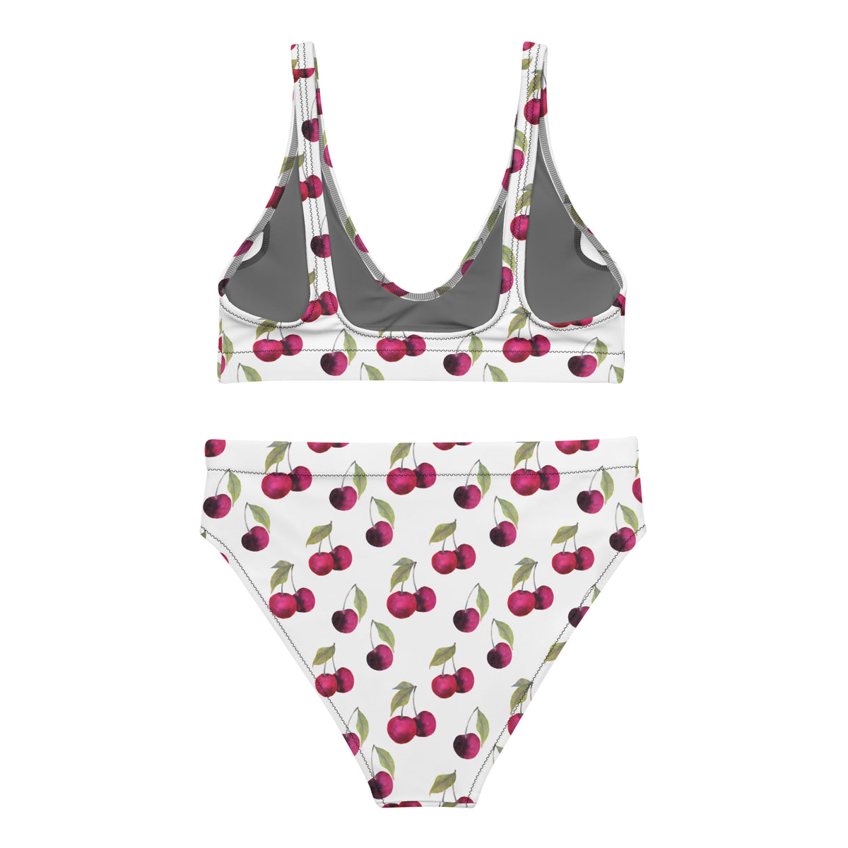 Back of bikini with all-over cherry pattern set on a white background.