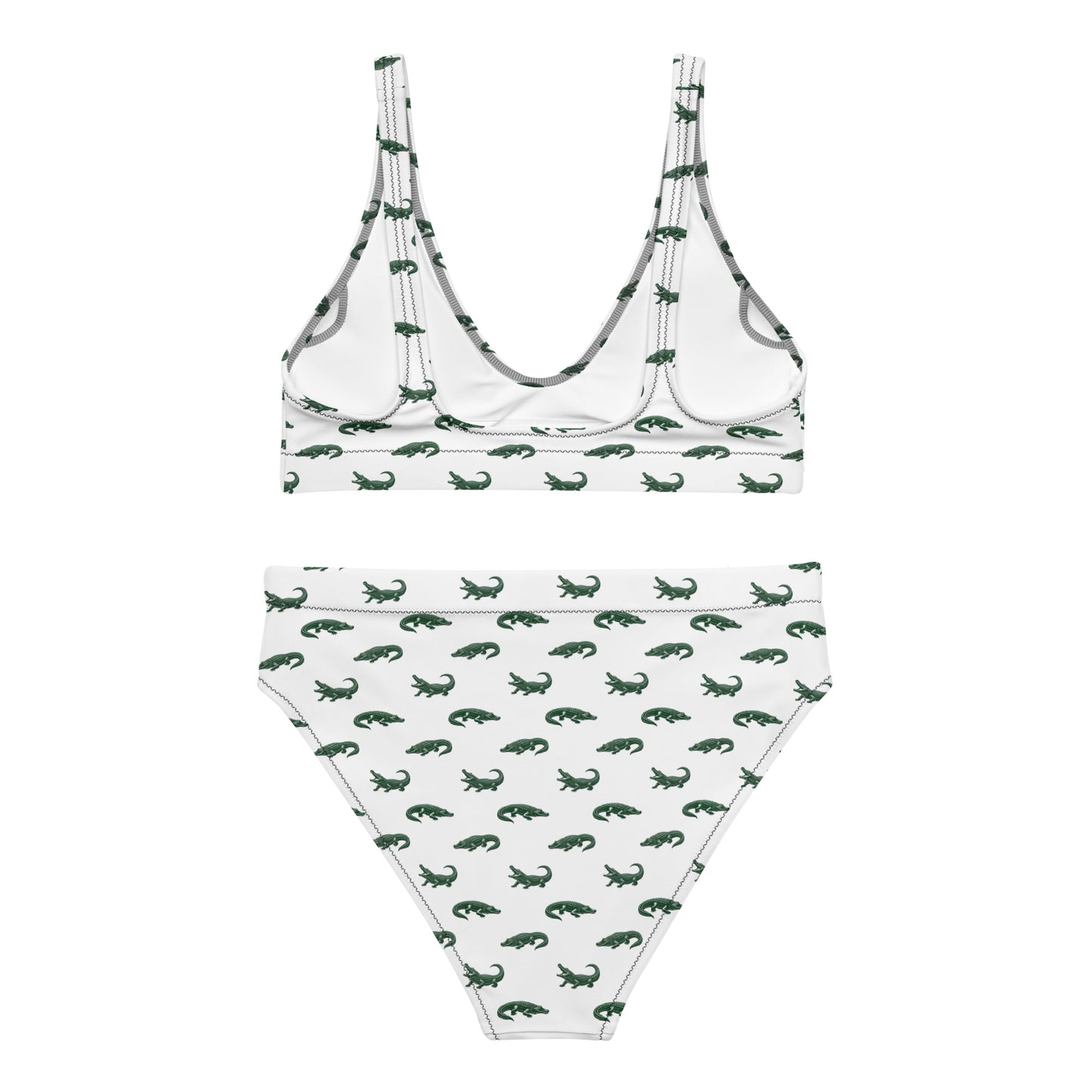 White bikini with pattern of green alligators.