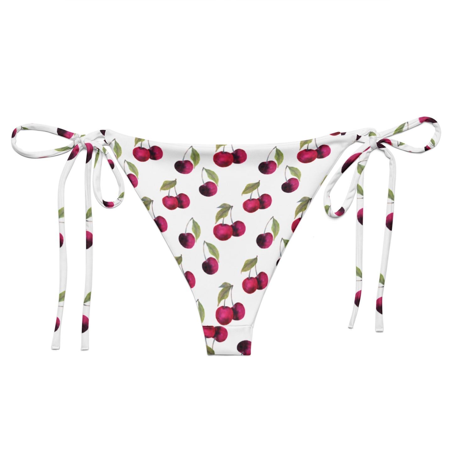 Back of bikini bottom with all-over pattern of cherries set on a white background.