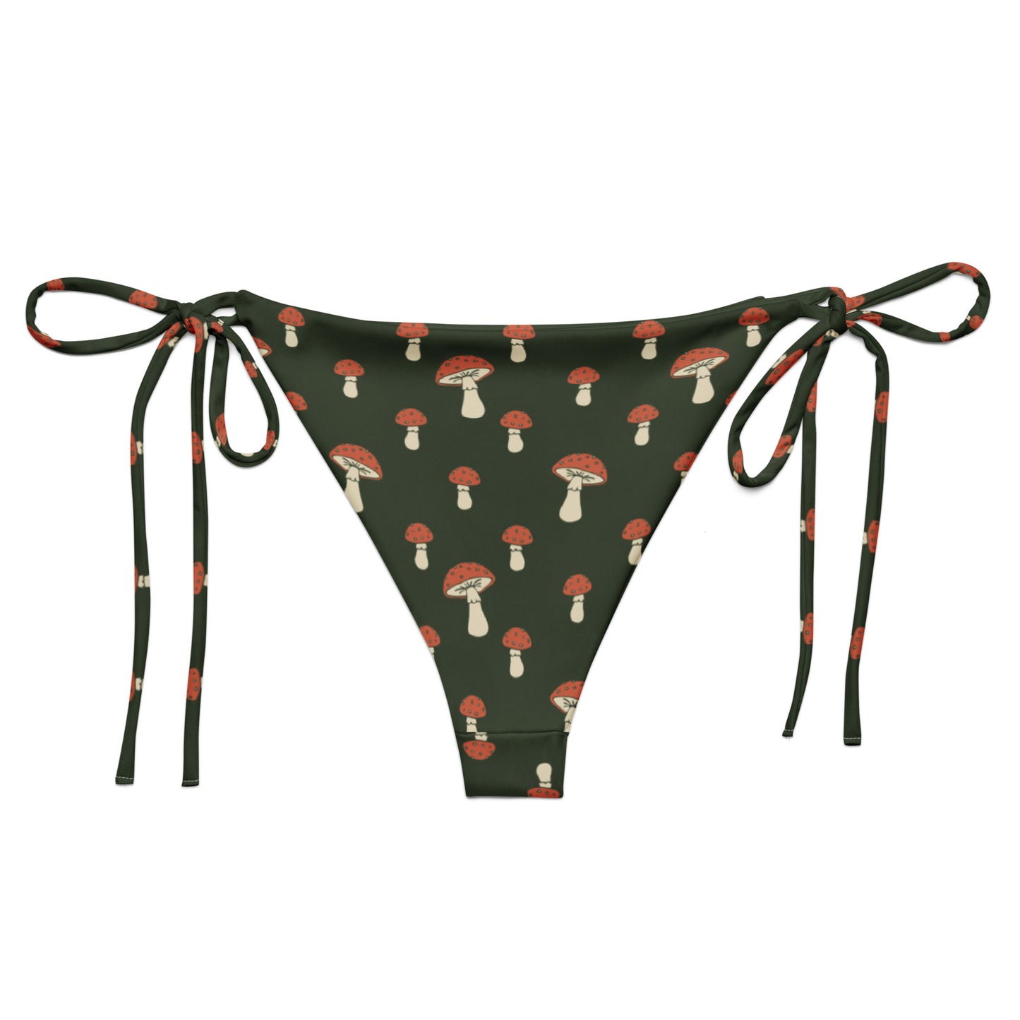 Back of bikini bottom with pattern of mushrooms set on a forest-green background.
