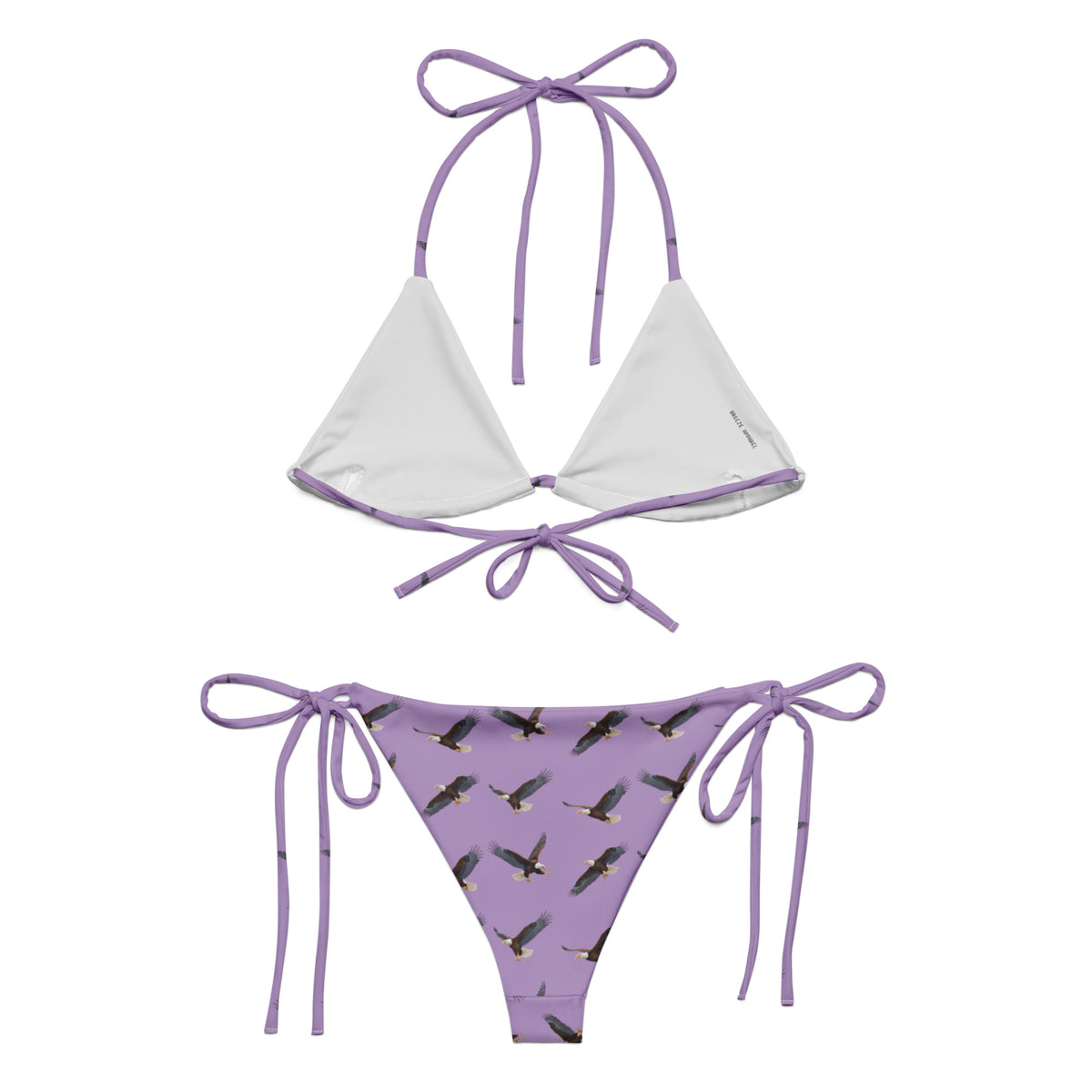 Purple bikini with pattern of bald eagles.