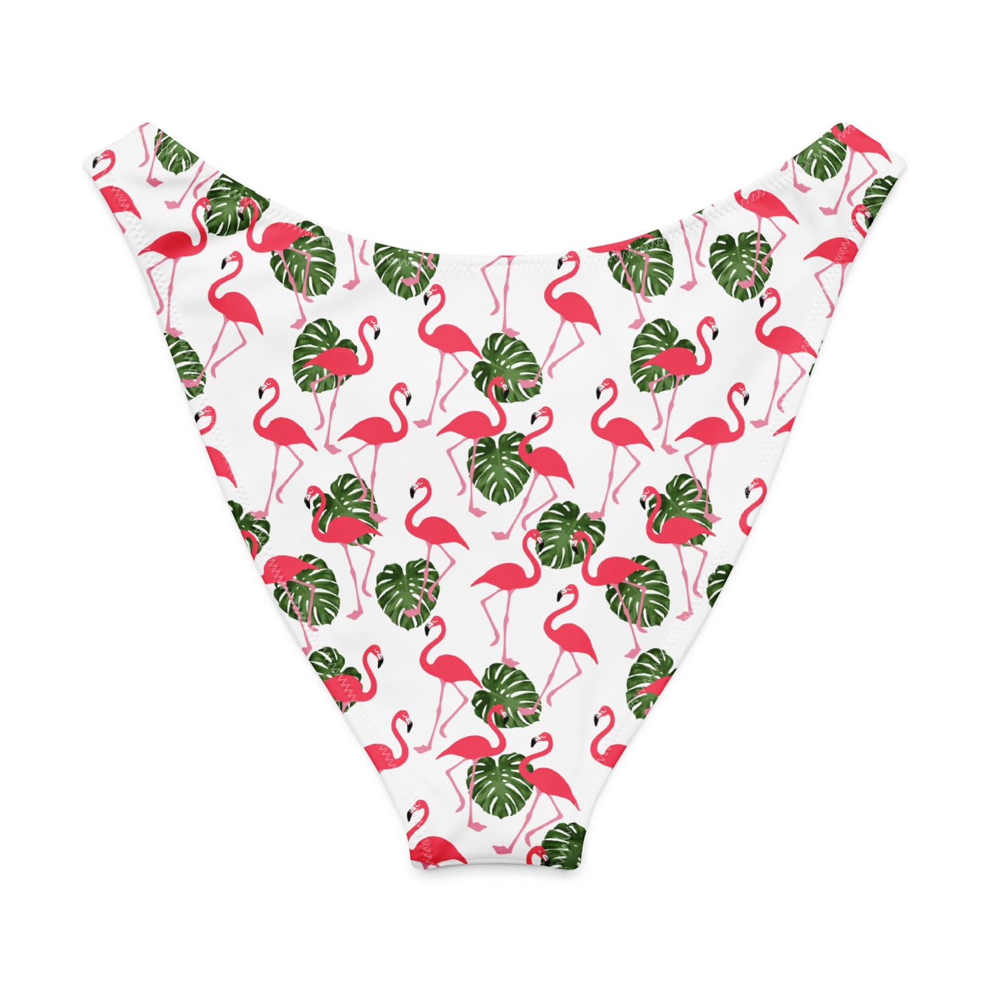 Back of white bikini bottom with all-over flamingos design.
