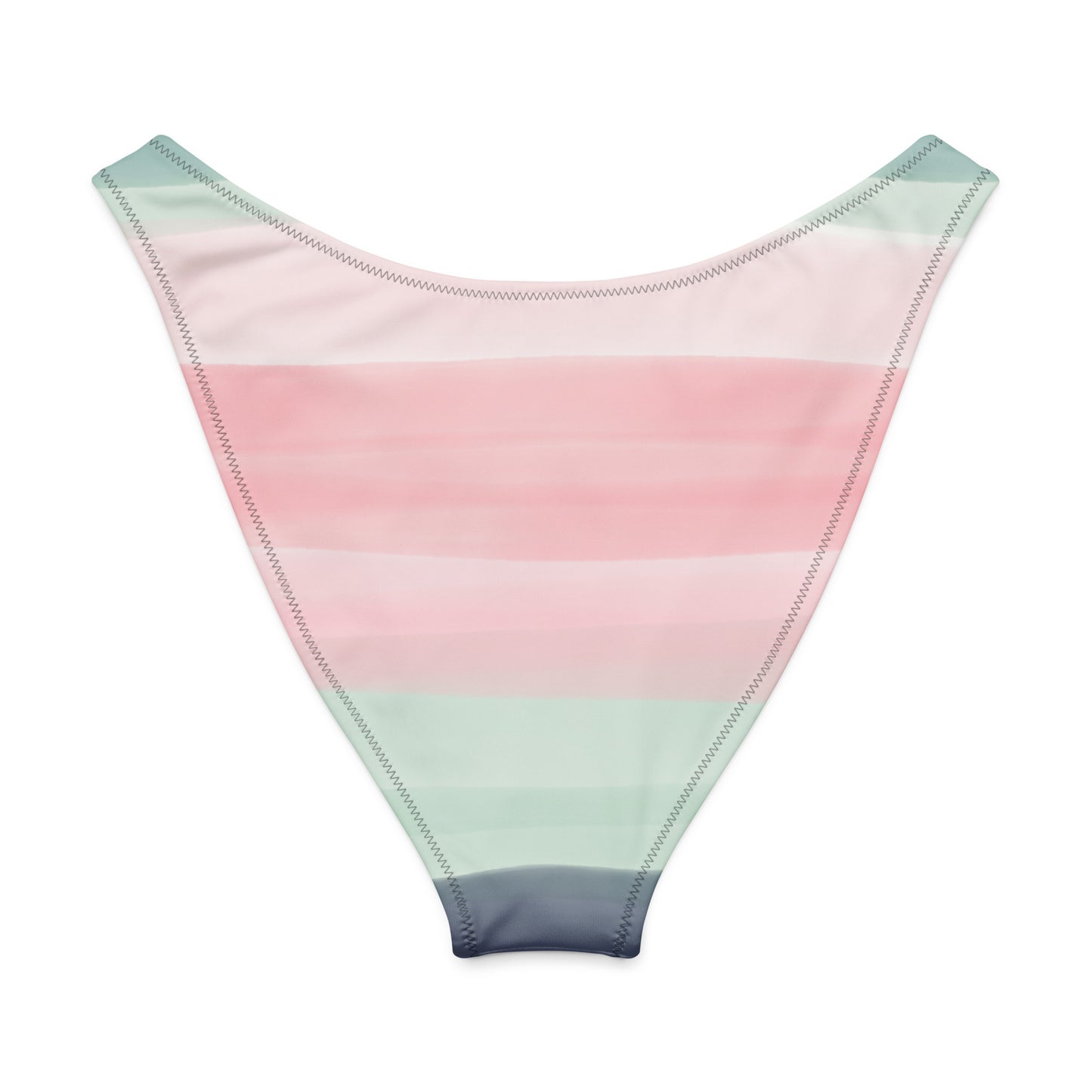 Back of bikini bottom with colors light pastel green, shades of pink, in stripes and in a watercolor style.