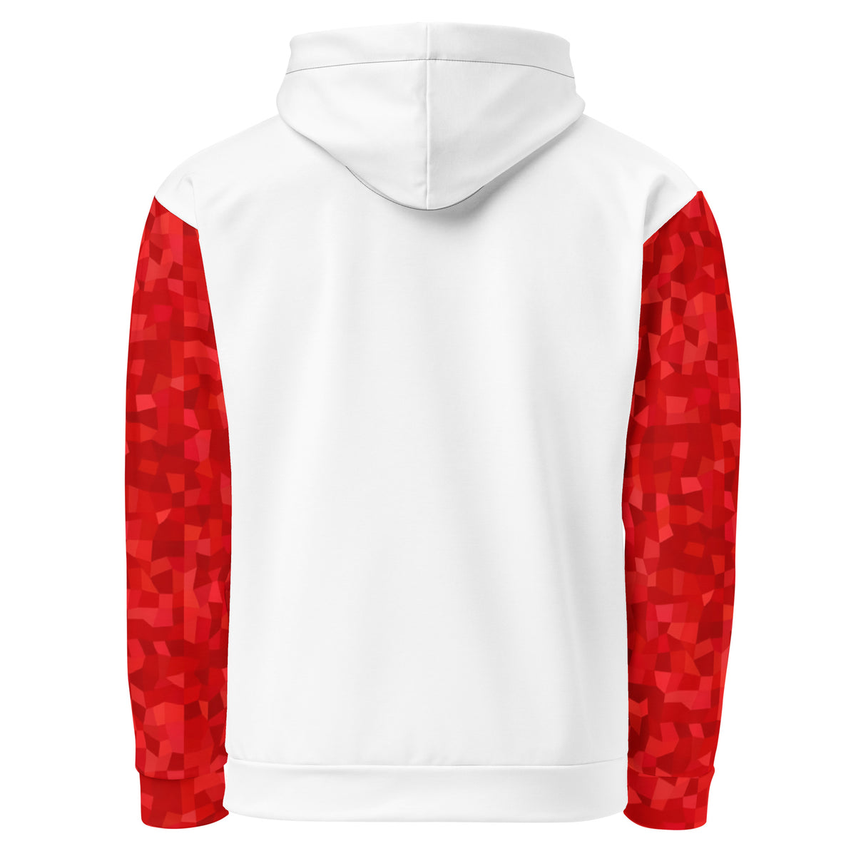 White backside of hoodie with a red geometric pattern on the sleeves.