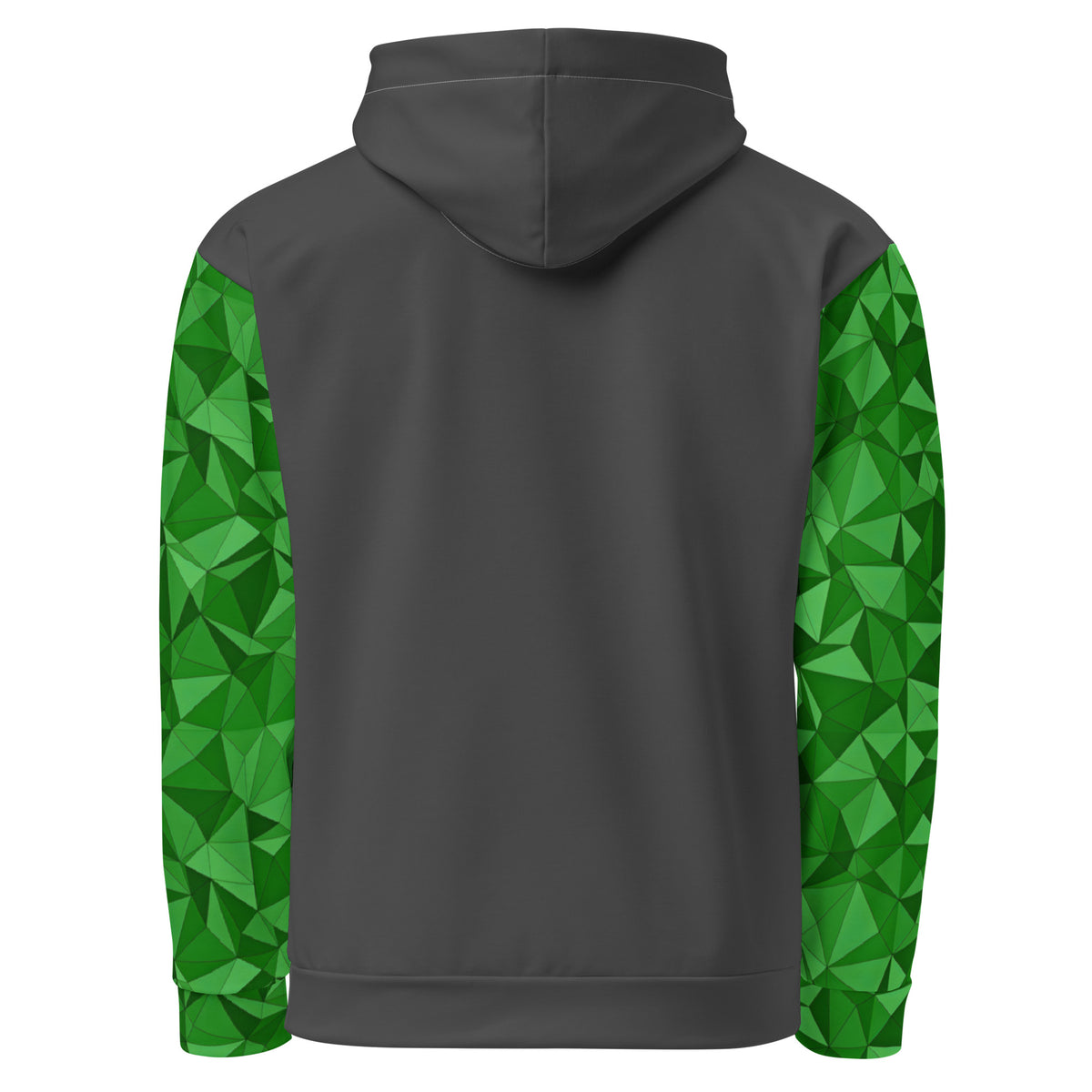Gray back of hoodie. Sleeves have green geometric pattern.