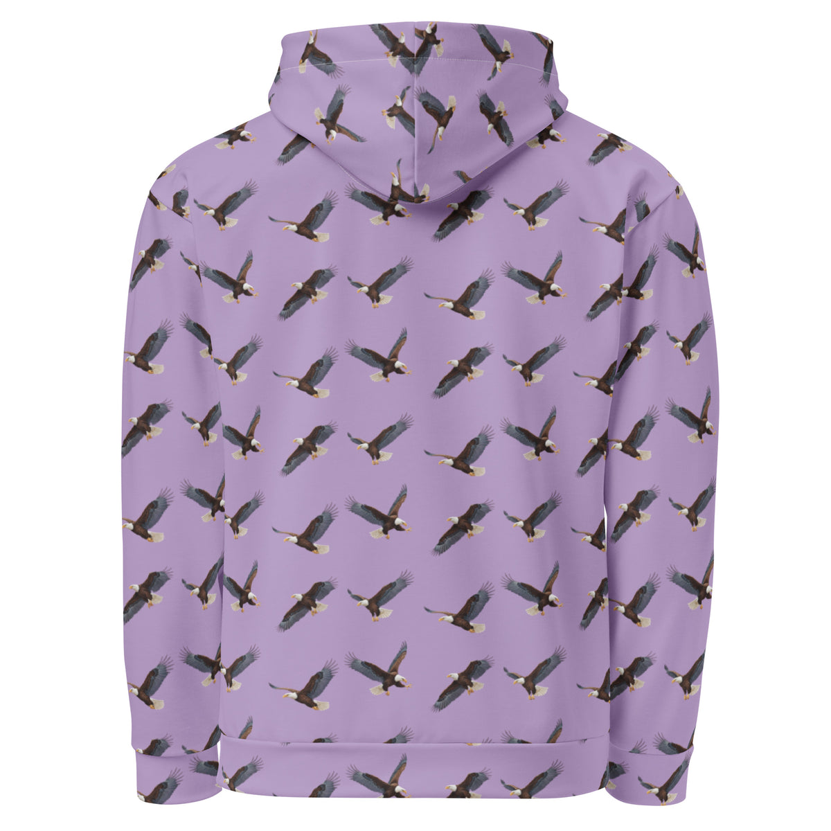 Purple hoodie with pattern of bald eagles.