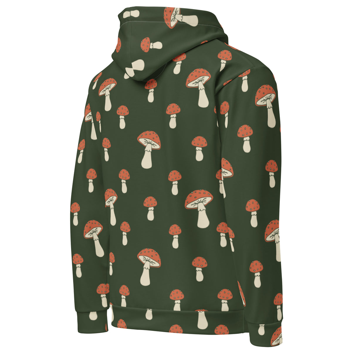 Backside of forest-green hoodie with all-over mushroom pattern