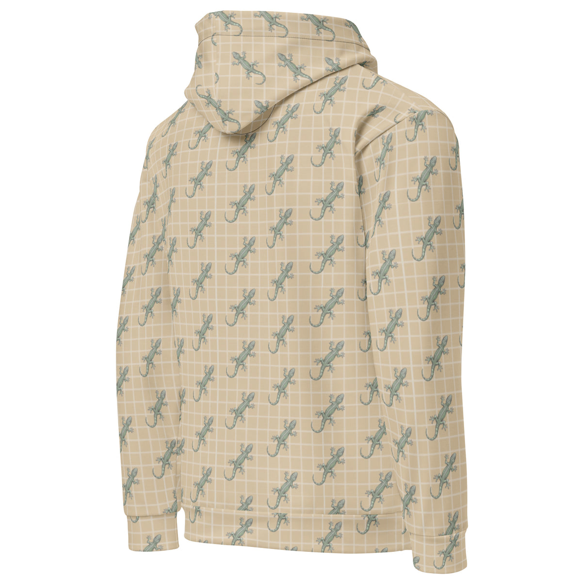 Back of beige hoodie with pattern of green geckos.