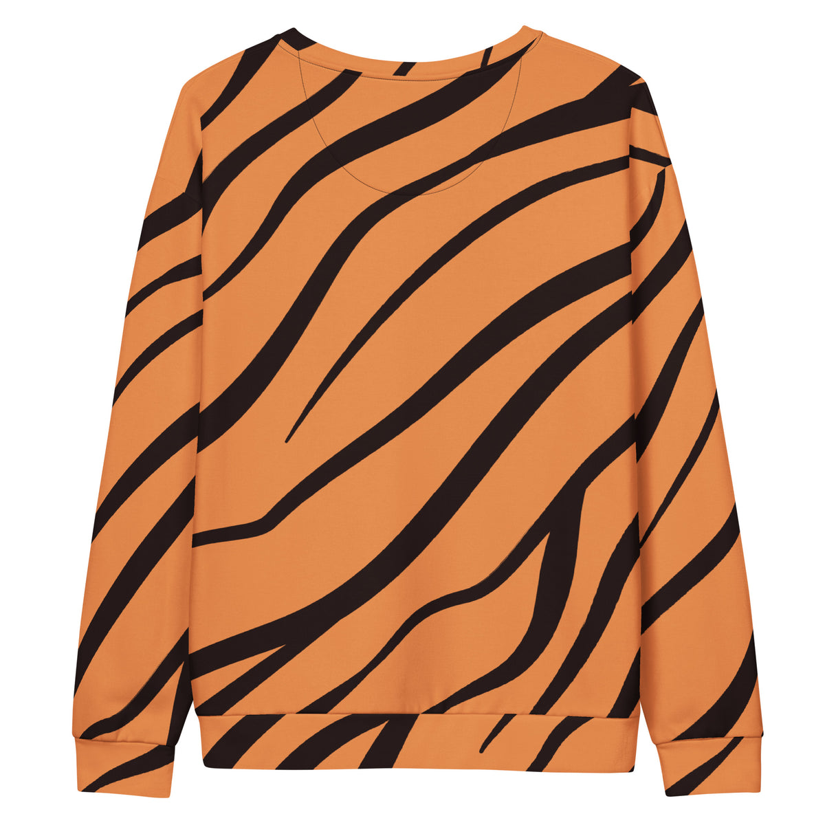 Backside of sweatshirt with tiger-fur design.
