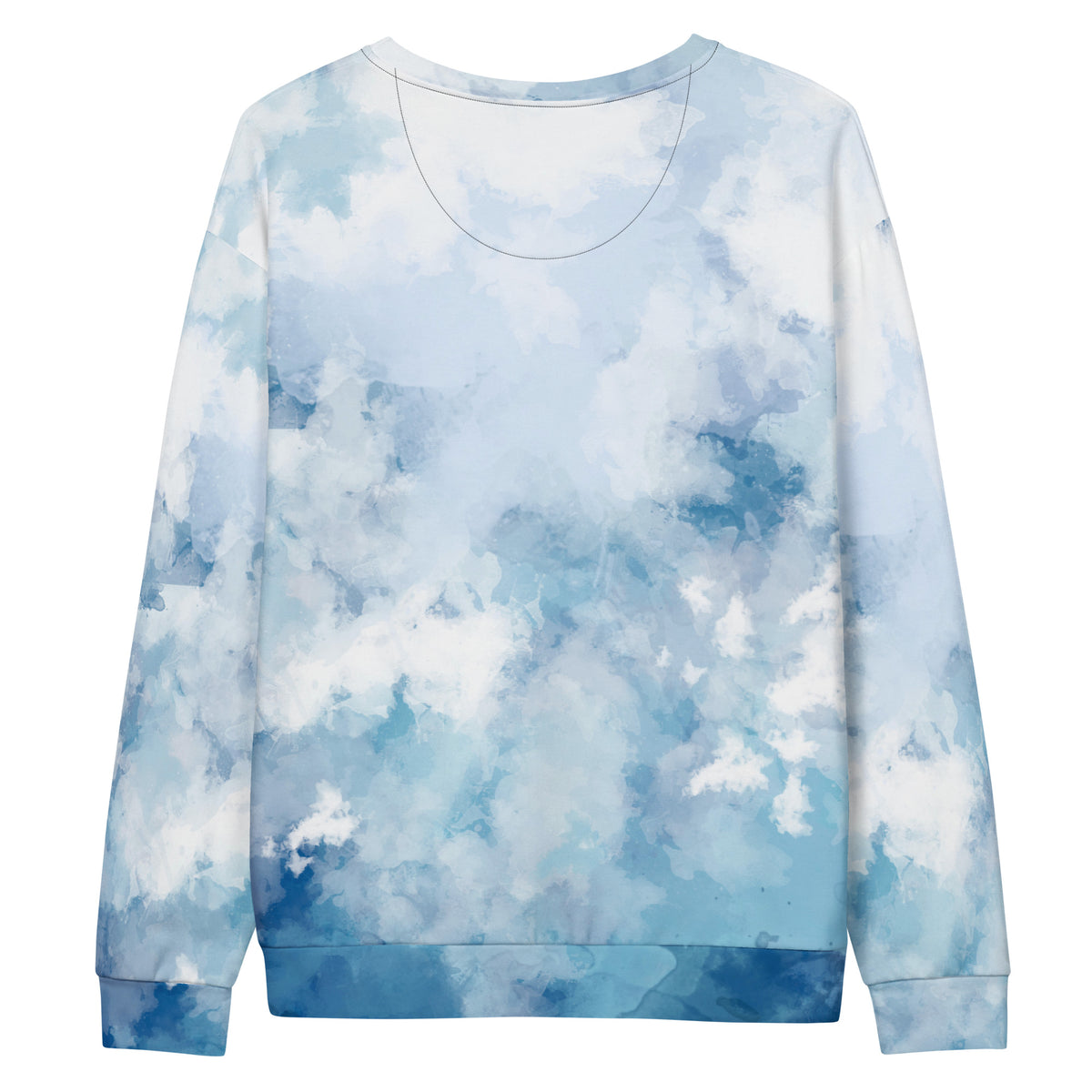 Backside of sweatshirt with a blue watercolor-style design.