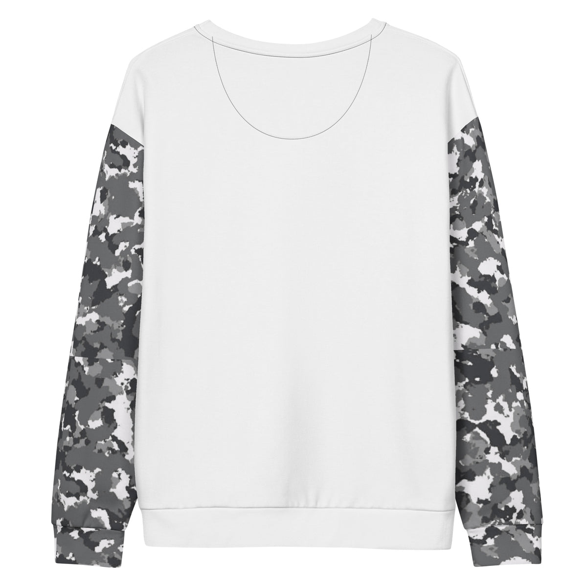 White back of sweatshirt. Sleeves have a black-gray-white camouflage pattern.