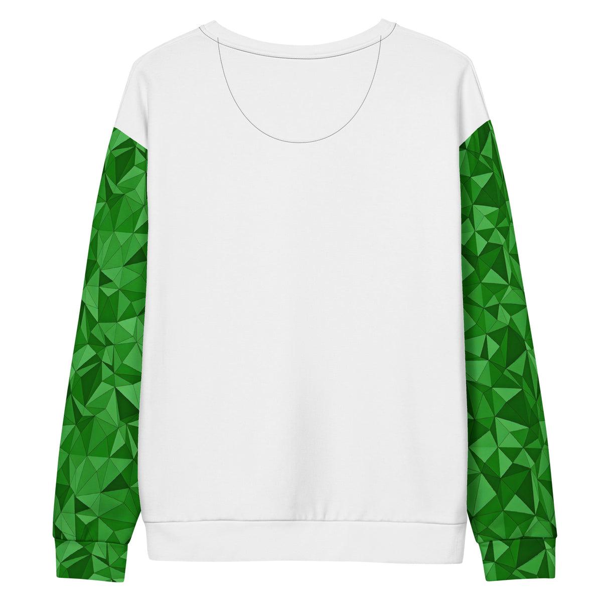 White back of sweatshirt. Sleeves have green geometric pattern.