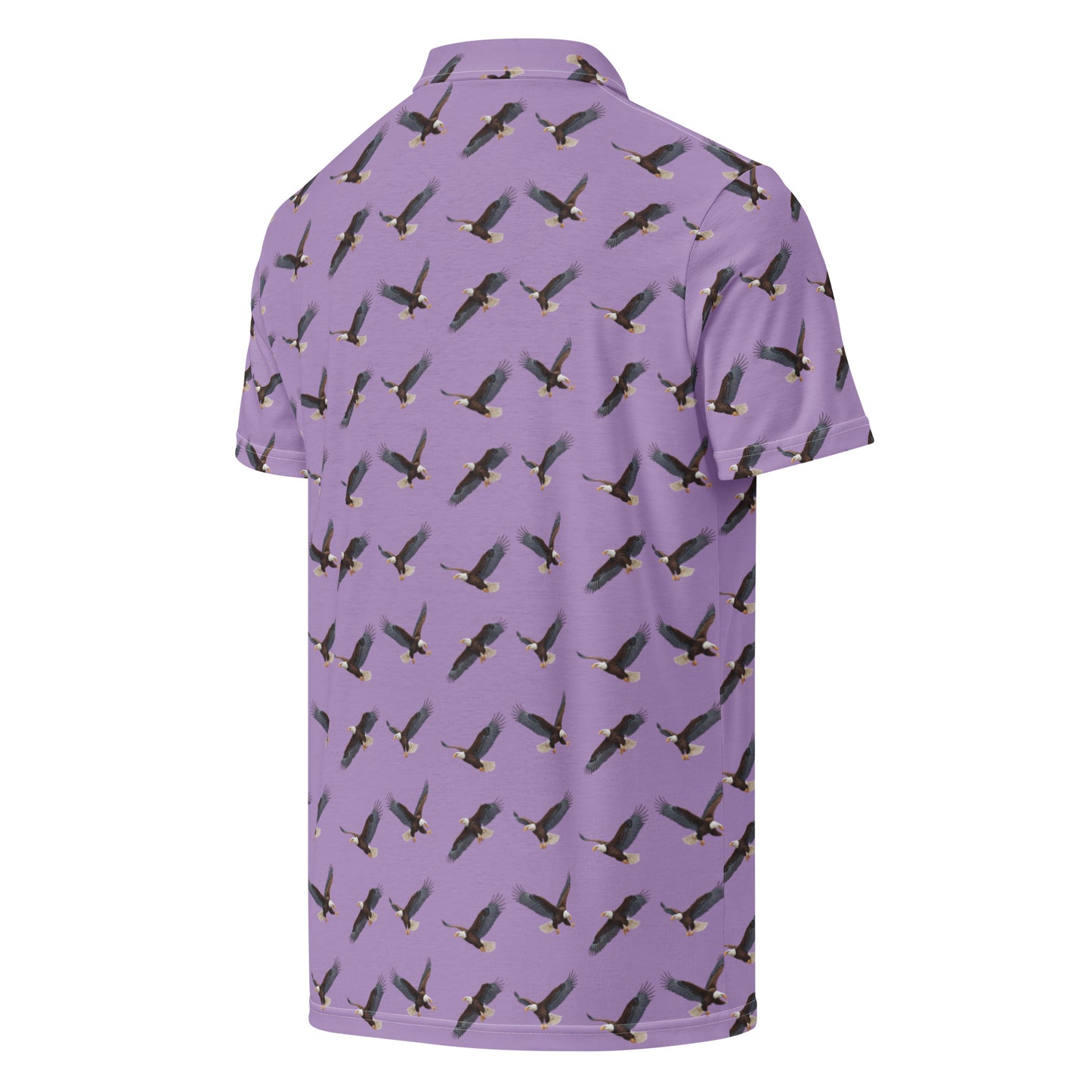 Purple polo shirt with pattern of bald eagles.