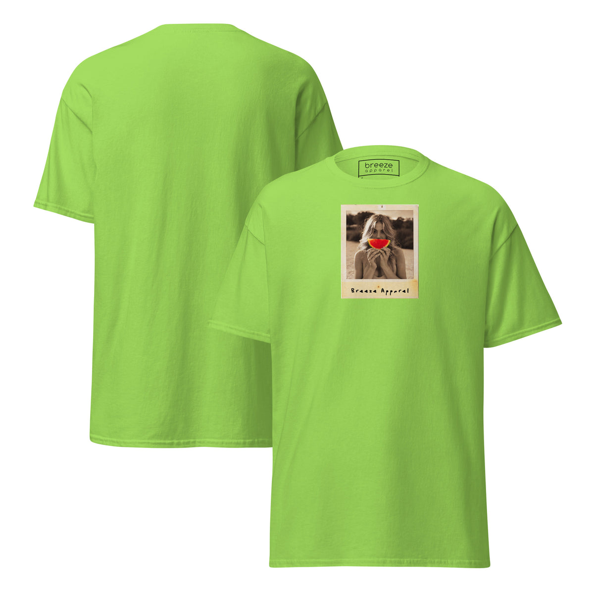 Lime-green t-shirt with graphic of woman holding a watermelon slice in front of her mouth. Plain back of shirt is also shown.