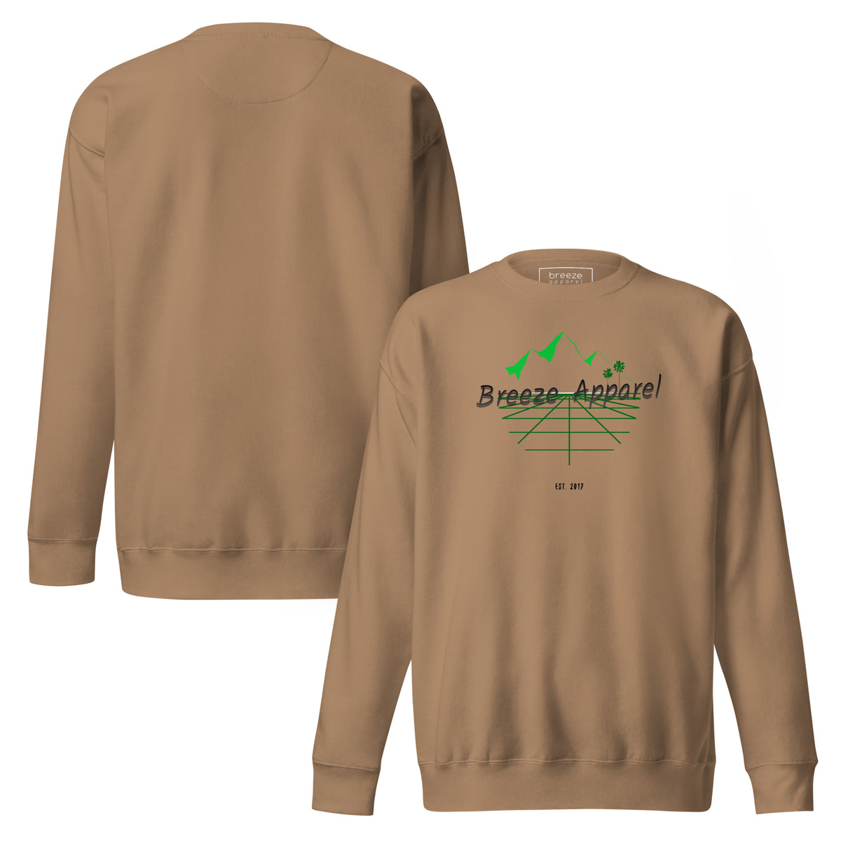 Brown sweatshirt with logo including black lettering, mountains, and palm trees. Plain back also shown.