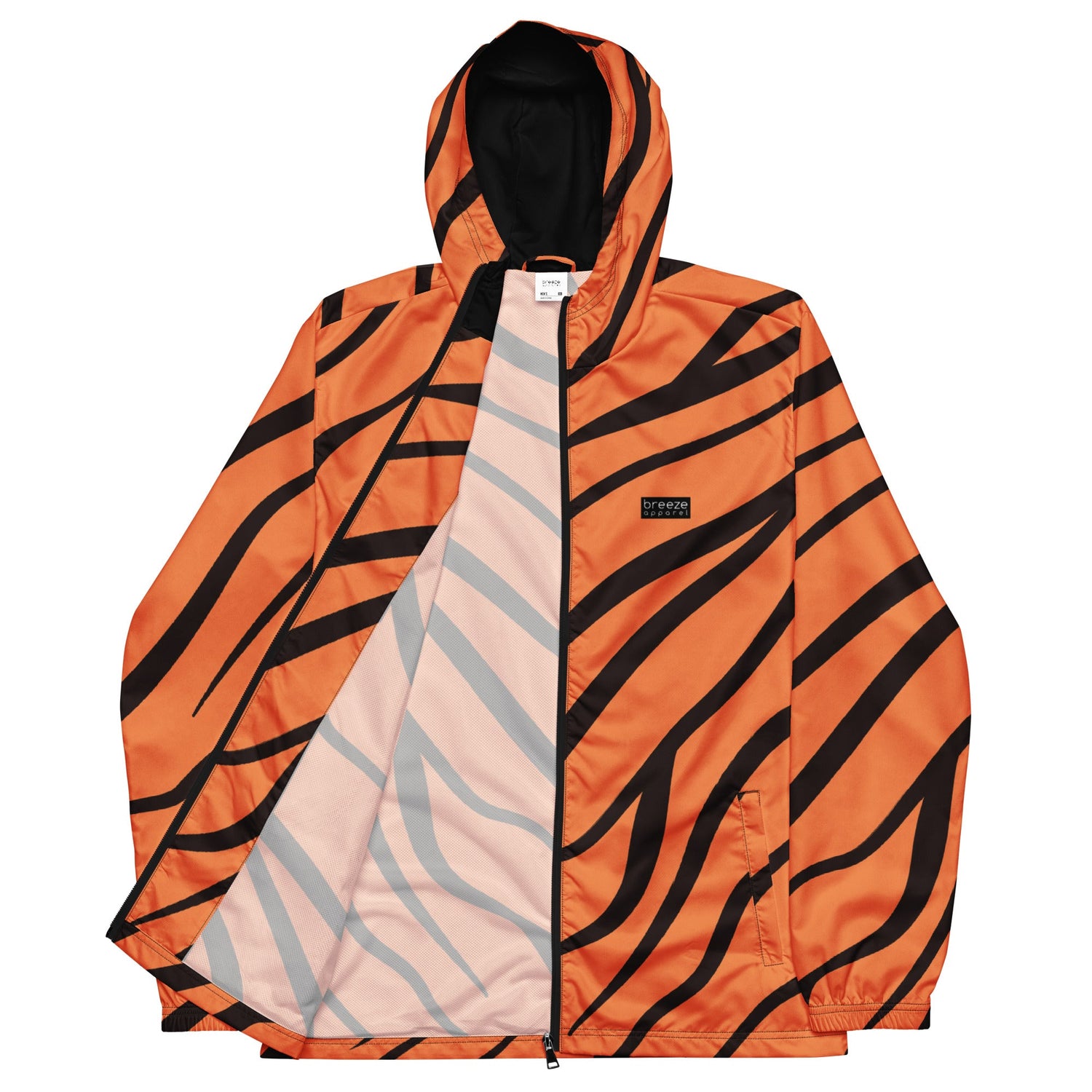 Windbreaker with tiger-skin pattern.