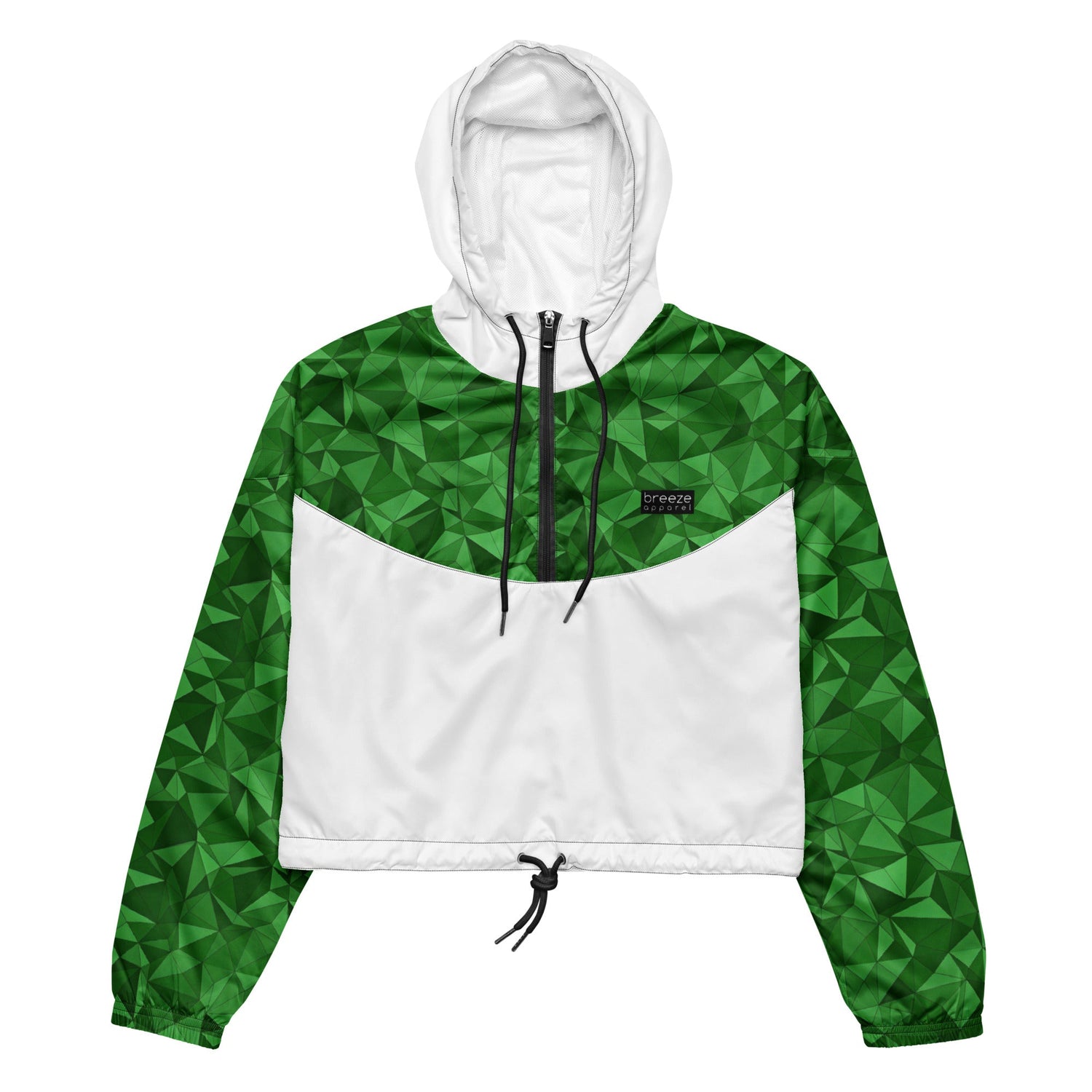 Cropped windbreaker with green geometric pattern on top and sleeves; rest is white.