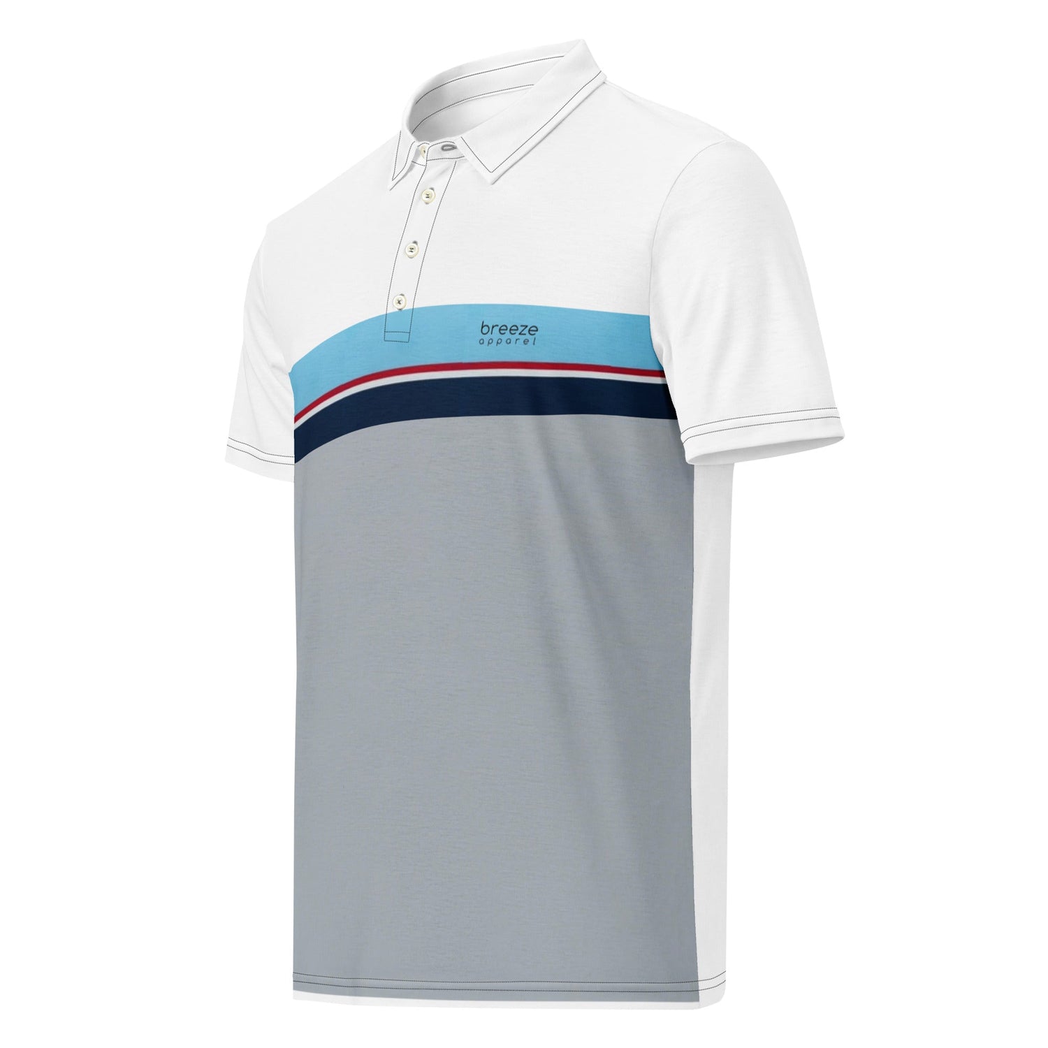 Polo shirt with horizontal blue, red, white, and navy stripe with small black 'breeze apparel' logo. Under the stripe until the bottom is gray.