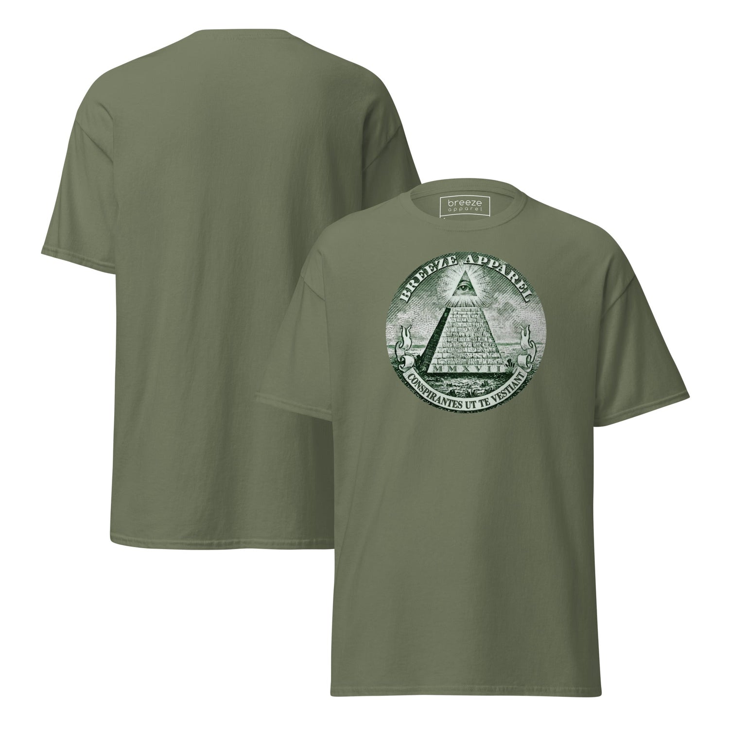 Green t-shirt with graphic resembling pyramid from US one-dollar bill. Plain back of shirt also shown.