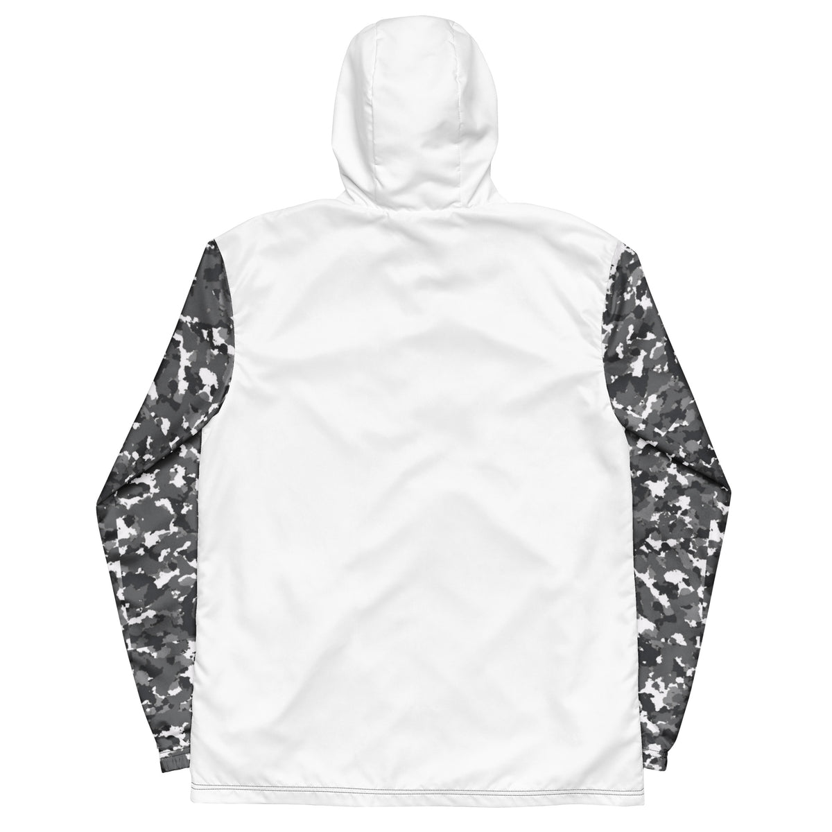 White back of jacket; sleeves have a black-gray-white camouflage pattern.