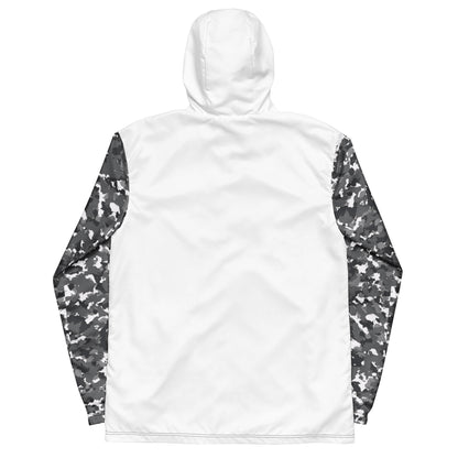 White back of jacket; sleeves have a black-gray-white camouflage pattern.
