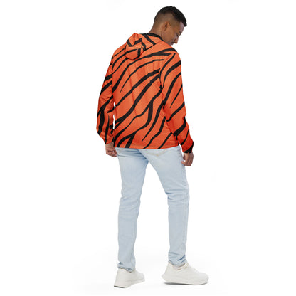 Rear view of man wearing jacket with tigerskin pattern.