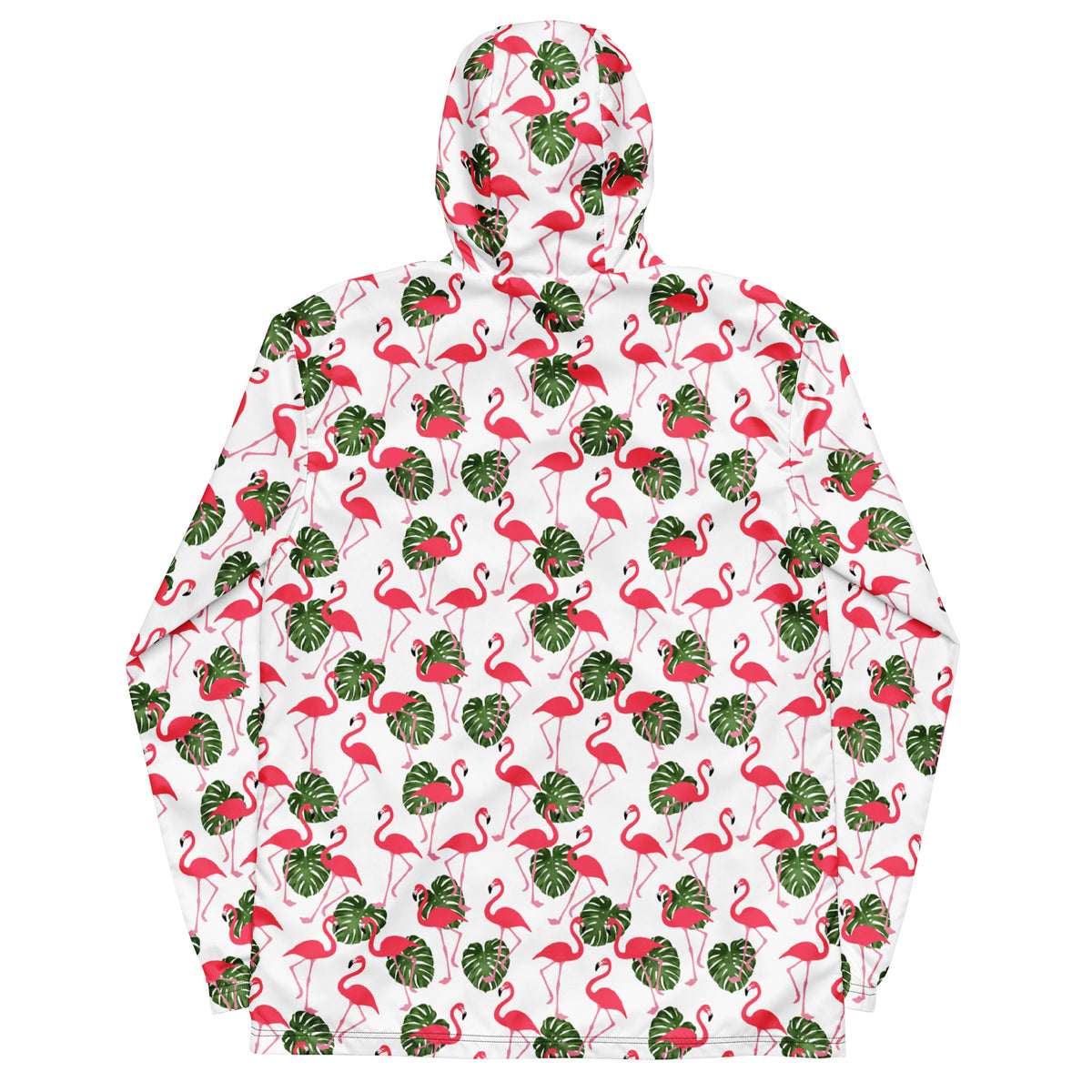 Back of jacket with pattern of pink flamingos and green foliage set on a white background.