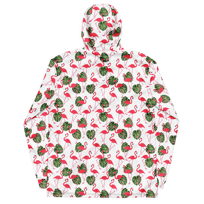 Back of jacket with pattern of pink flamingos and green foliage set on a white background.