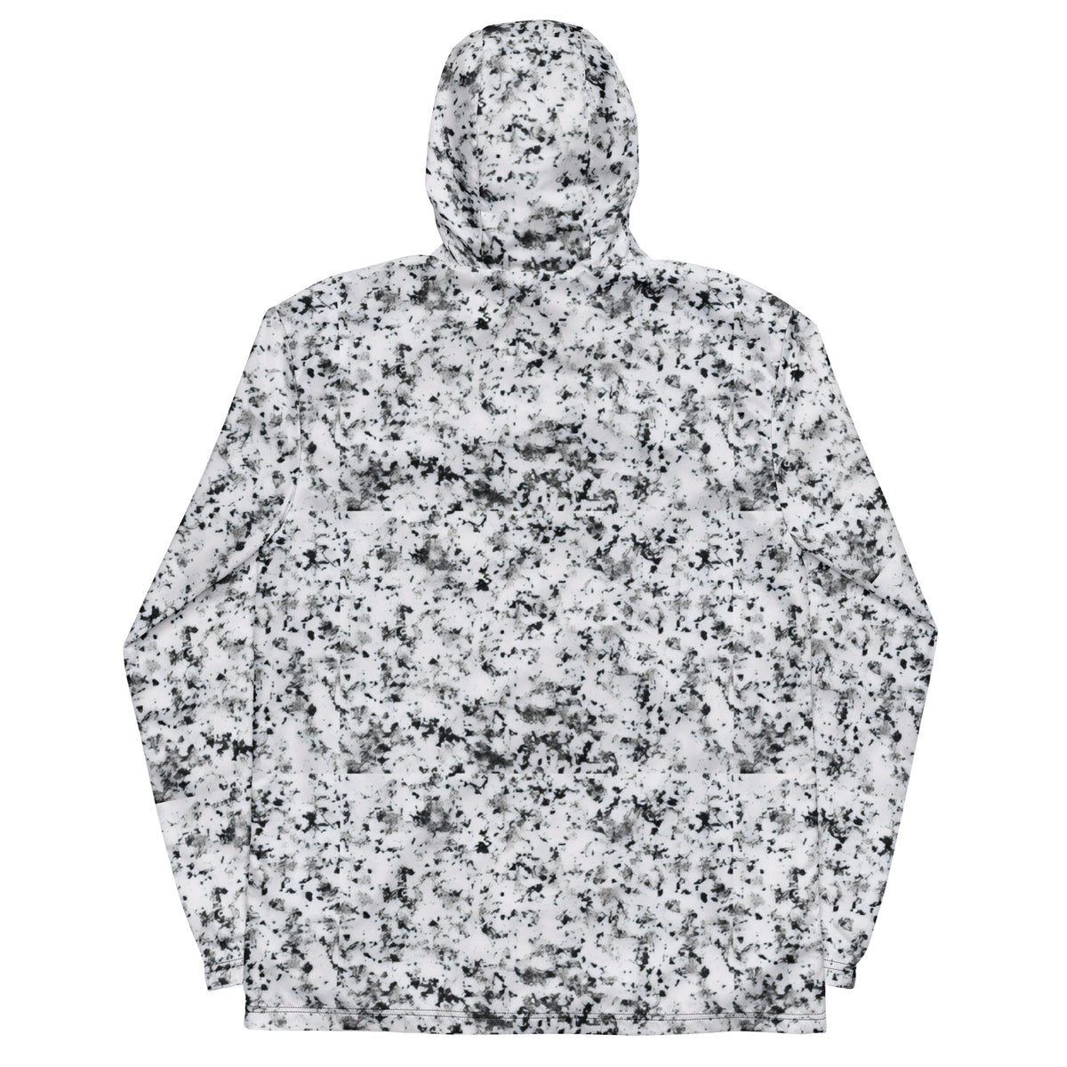 Back of jacket with pattern of black splotches on a white background.