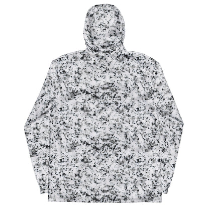 Back of jacket with pattern of black splotches on a white background.