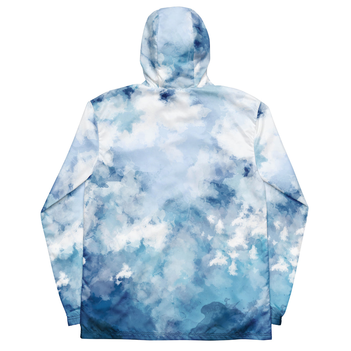 Back of jacket with blue-white pattern resembling watercolor.