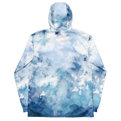Back of jacket with blue-white pattern resembling watercolor.