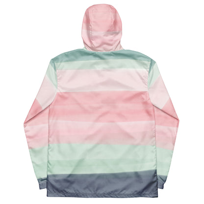 Back of jacket with design resembling watercolor consisting of horizontal stripes that are pink, light-green, or gray.
