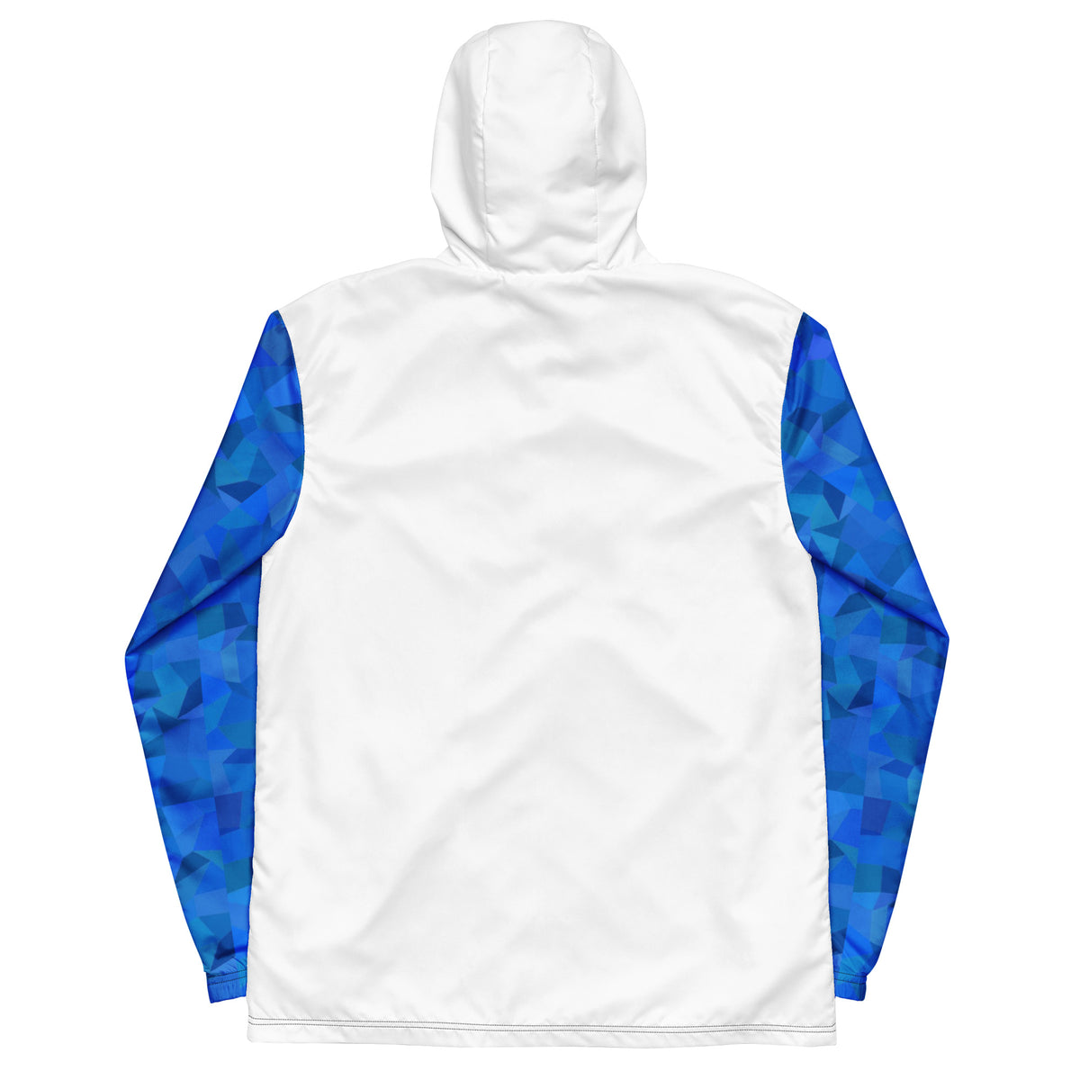 White back of jacket; sleeves have blue geometric pattern.