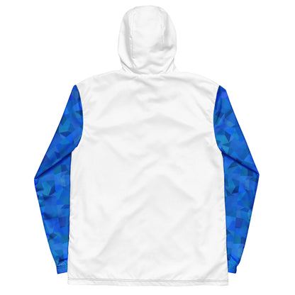 White back of jacket; sleeves have blue geometric pattern.