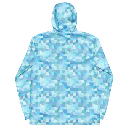 Back of jacket with pattern of light-blue geometric pattern.