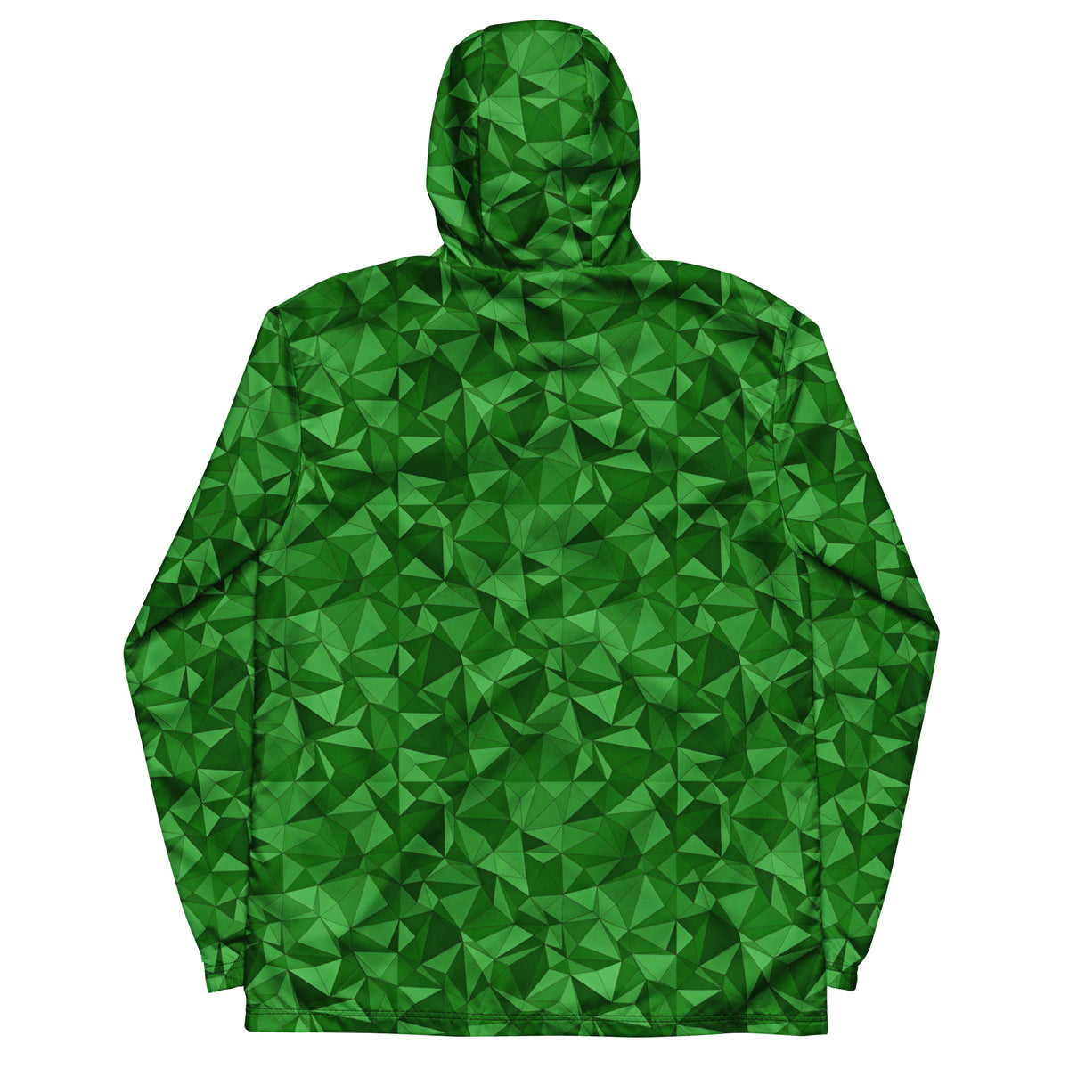 Windbreaker with green geometric pattern.