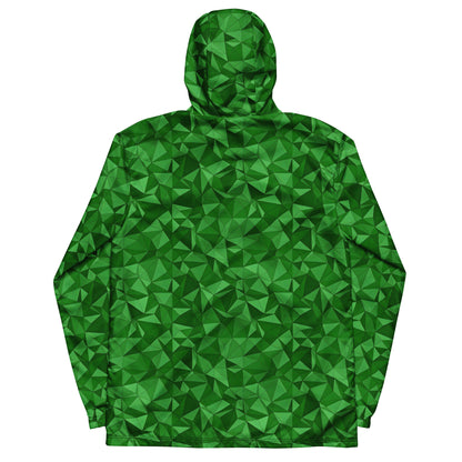 Windbreaker with green geometric pattern.
