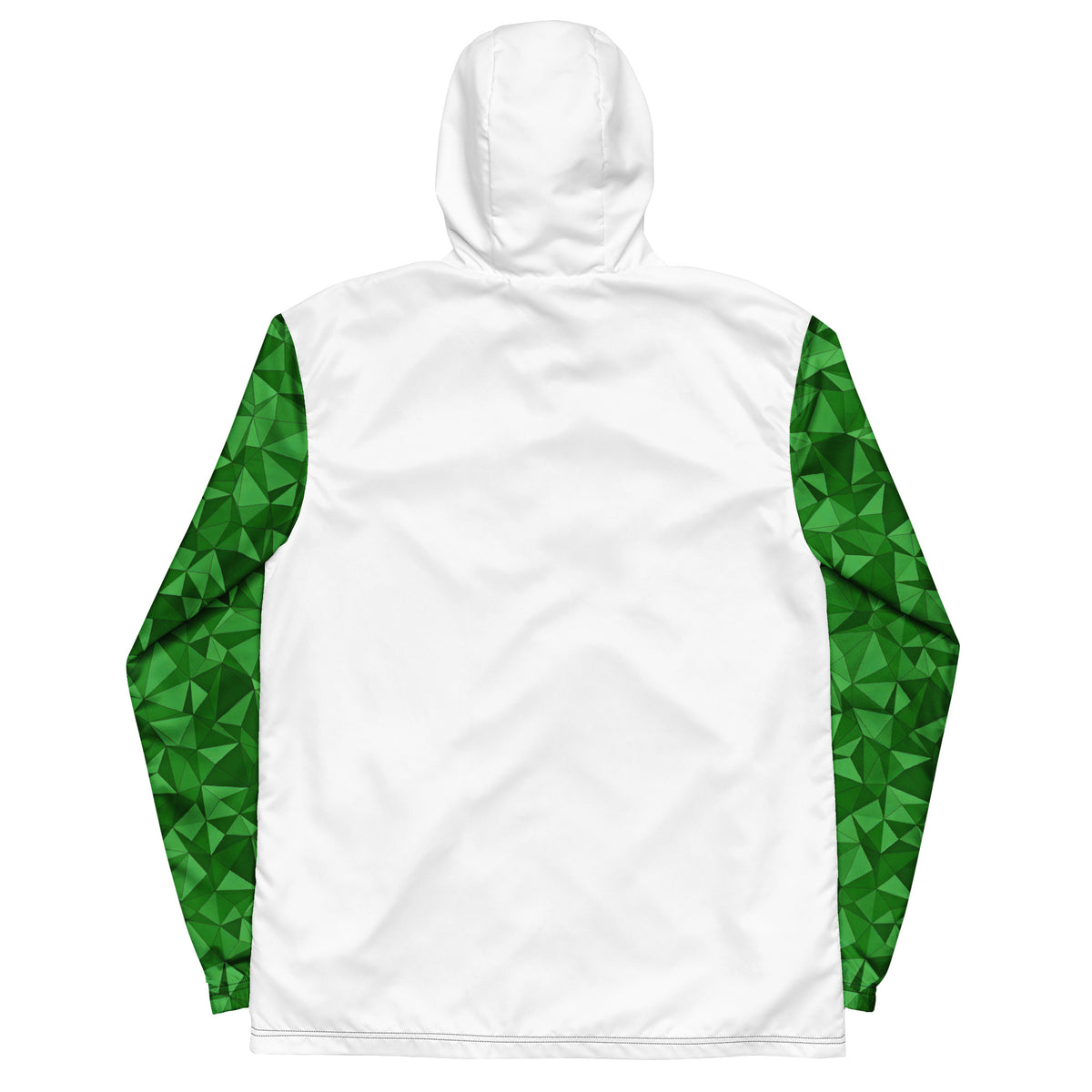 White back of windbreaker. Sleeves have green geometric pattern.