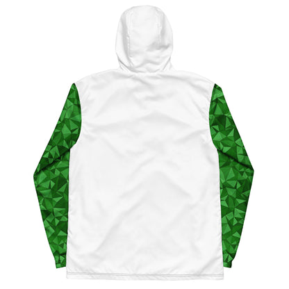White back of windbreaker. Sleeves have green geometric pattern.