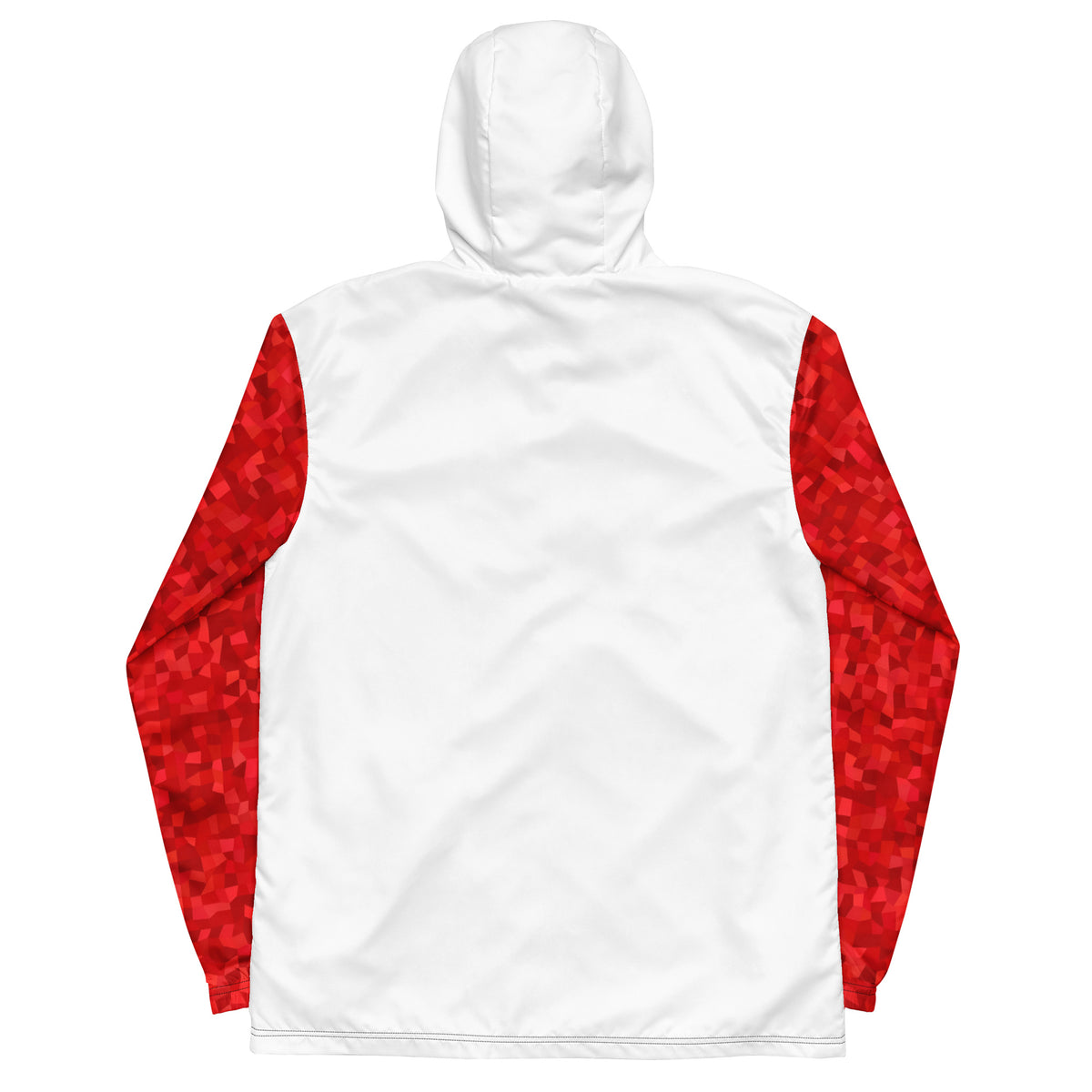 White back of windbreaker. Sleeves have red geometric pattern.