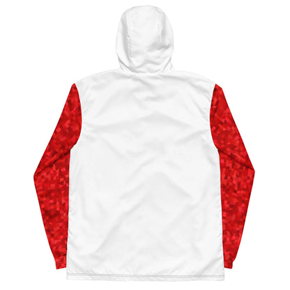 White back of windbreaker. Sleeves have red geometric pattern.