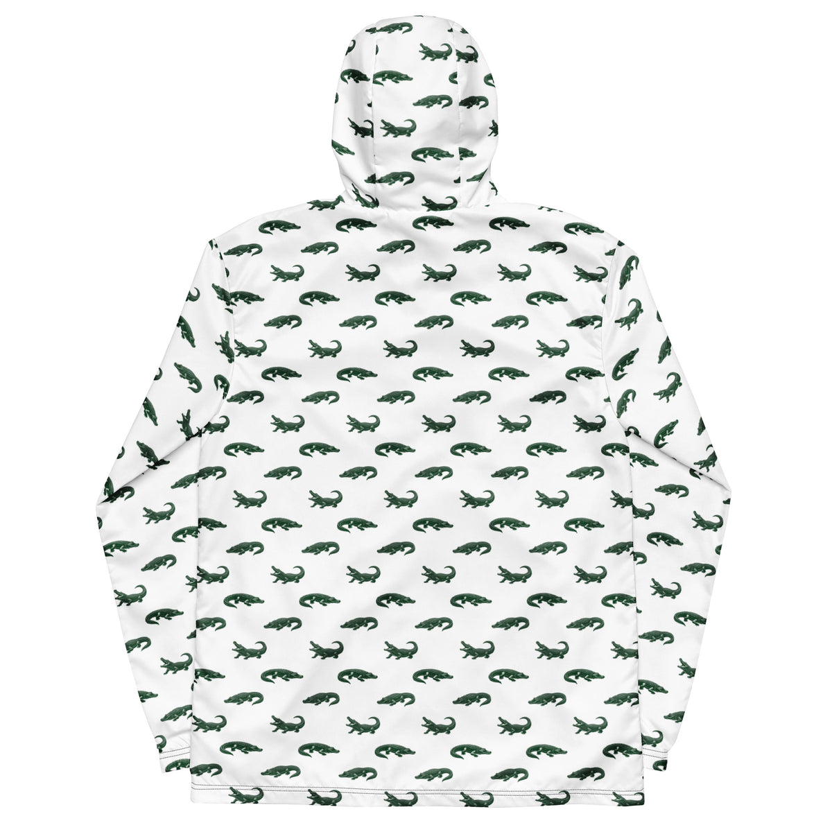 White jacket with pattern of green alligators.