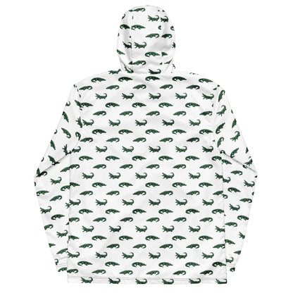 White jacket with pattern of green alligators.